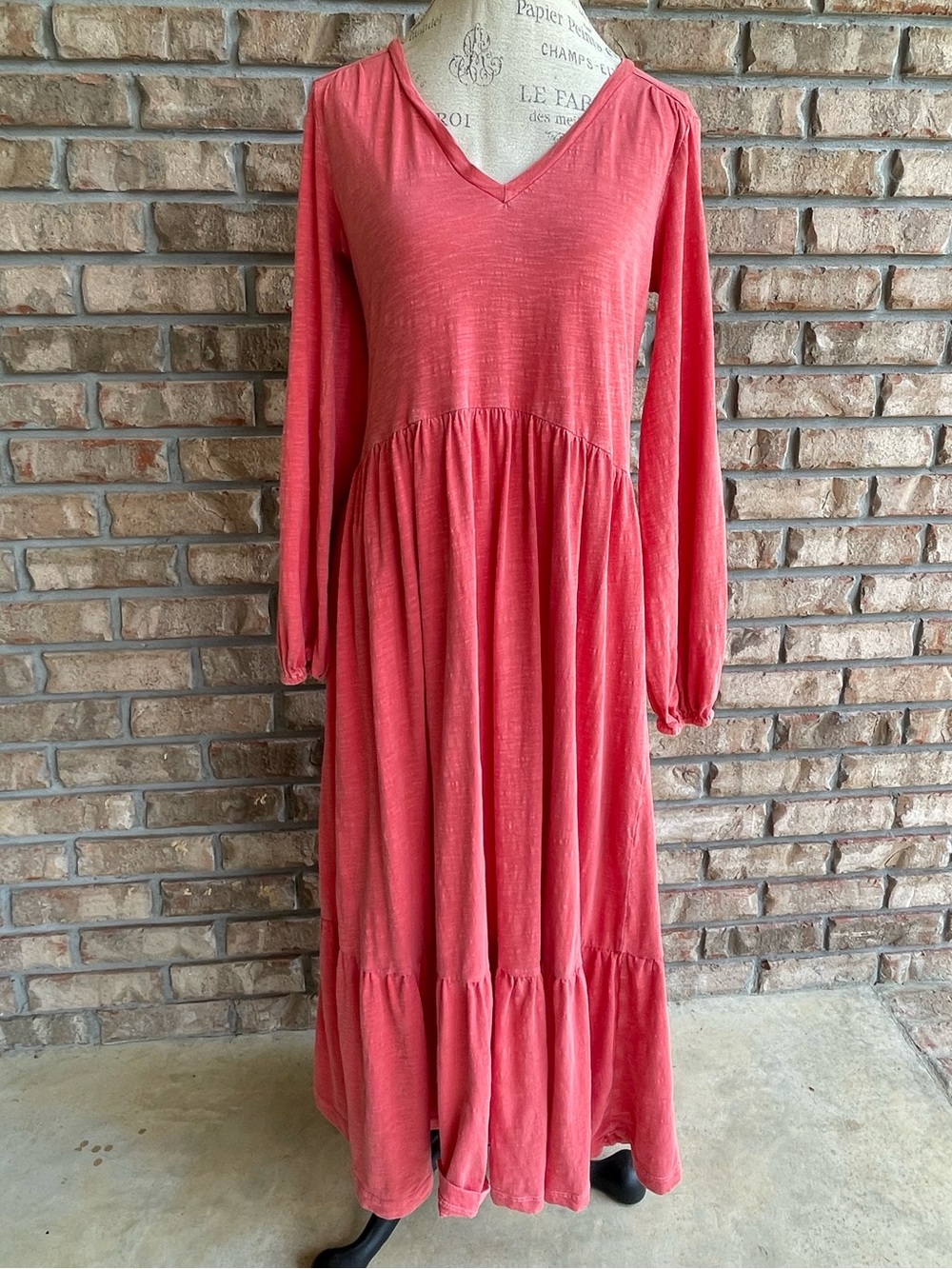 Anthropologie Saturday Sunday V-Neck Long-Sleeve Coral Dress with Tiered Skirt